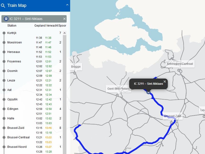 Een schermafbeelding uit de NMBS TrainMap