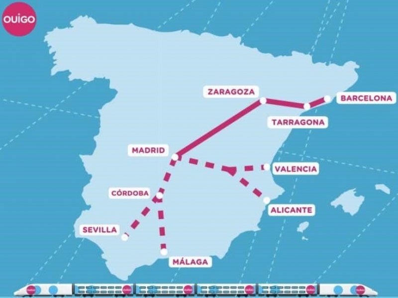 De nieuwe lijnen die Ouigo in Spanje gaat exploiteren. (Foto: SNCF / Ouigo)
