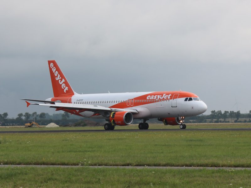 Een vliegtuig van Easyjet die op Schiphol geland is. (Foto: Treinenweb)