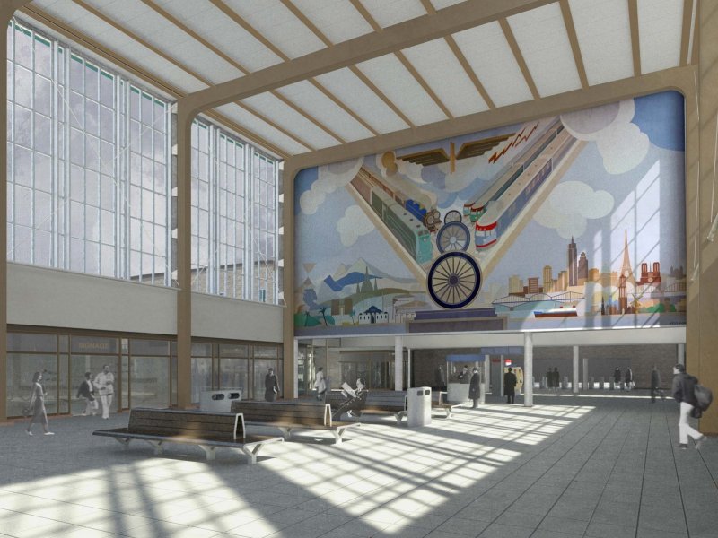 Een designschets van de vernieuwde stationshal van Amsterdam Amstel (Foto: NS)