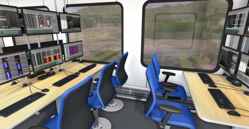 De trein is voorzien van diverse werkplekken die rijkelijk zijn voorzien van diverse computerschermen. (Foto: RFI/Stadler)