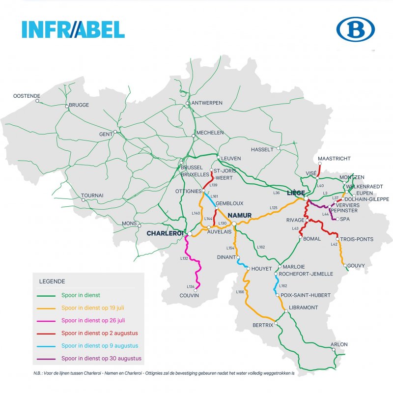 De kaart met de getroffen spoorlijnen in het zuiden van België