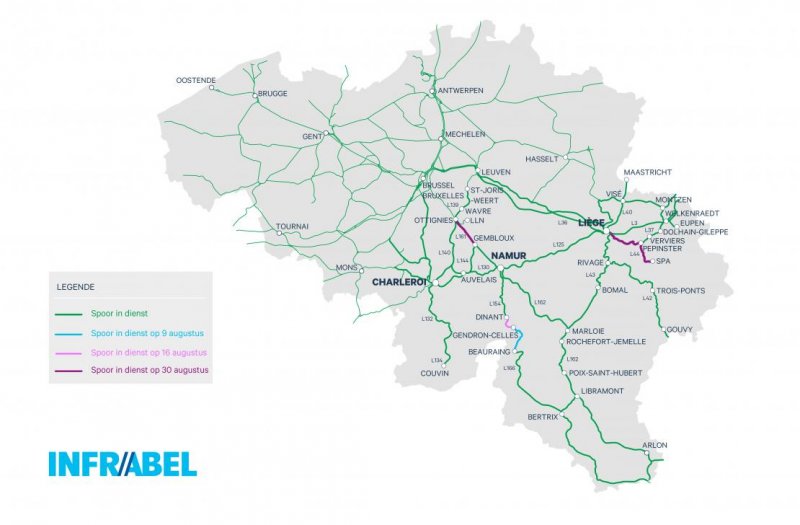 De actuele kaart van 2 augustus met de getroffen spoorlijnen in Wallonië.