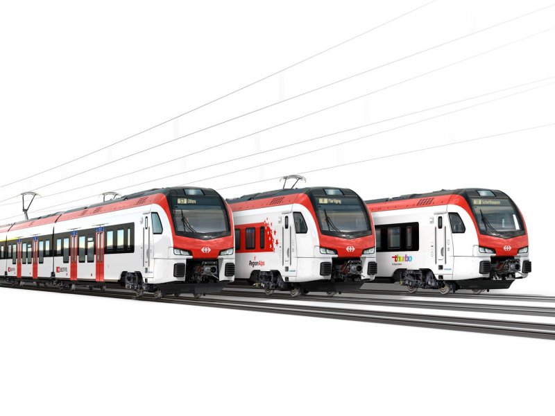 De drie verschillende Flirt-treinen die in Zwitserland zullen rijden. (Foto: Stadler)