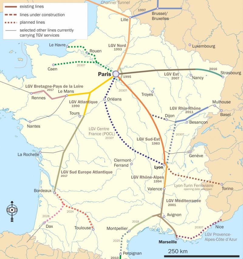 Het sternetwerk van de TGV uit een infographic van enkele jaren. (Rechten: Classical geographer)