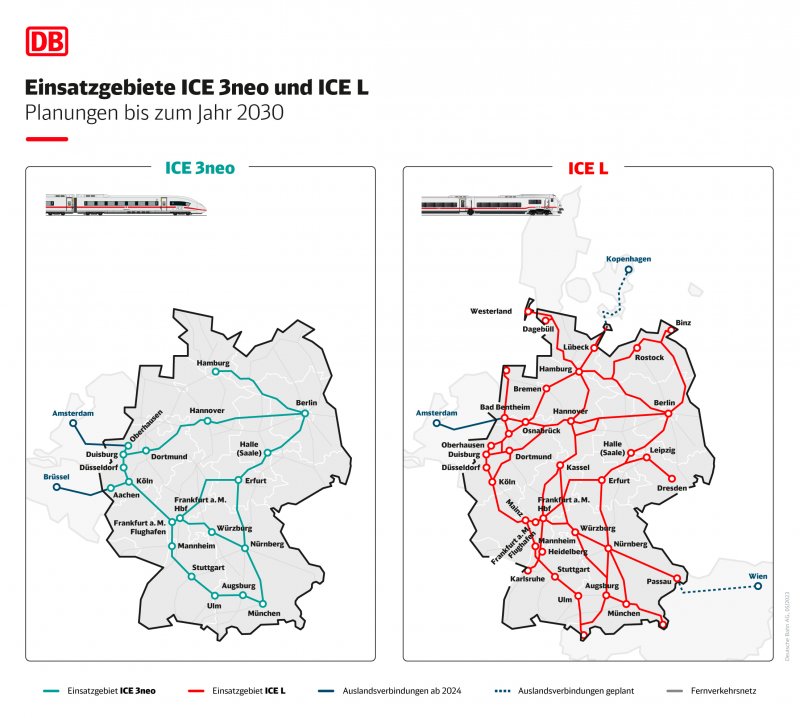 De routes van de ICE-3neo en de ICE L (Rechten: Deutsche Bahn)