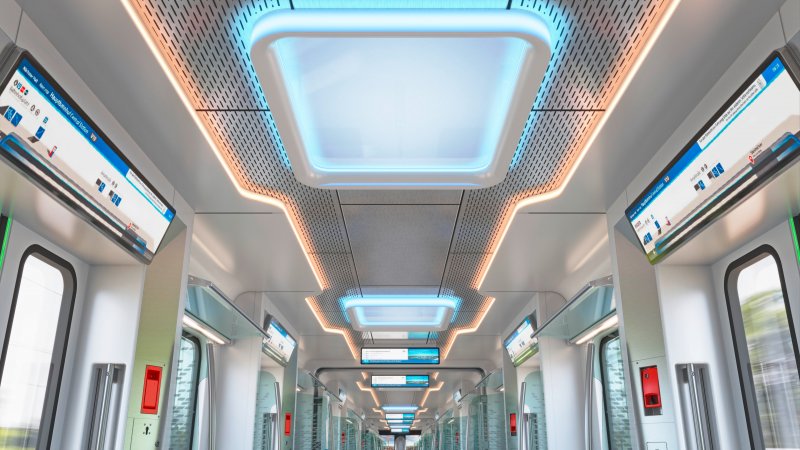 Er zijn zowel binnen als buiten veel digitale schermen voor real-time informatie over de voortgang van de reis, stationsinformatie en bezetting van de trein. (Rechten: Siemens Mobility)