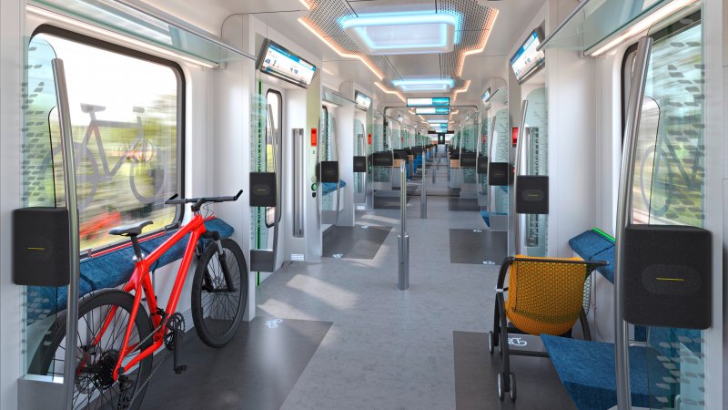De treinen zijn voorzien van vijf grote multifunctionele ruimtes met vergrendelbare klapstoelen zodat er extra ruimte kan worden gerealiseerd. (Rechten: Siemens Mobility)