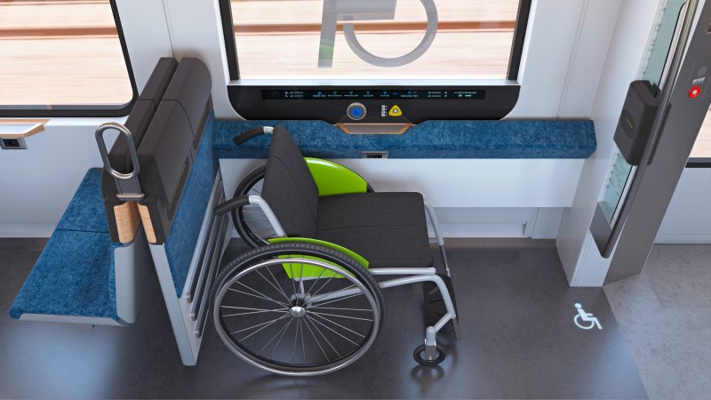 Er zijn speciale ruimtes voor rolstoelen aan beide uiteinden van de trein. Bij de ingang zijn er schuifplanken aangebracht voor een drempelvrije toegang. (Rechten: Siemens Mobility)
