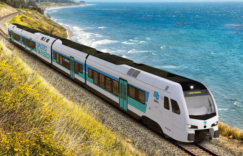 Een conceptafbeelding van de nieuwe waterstoftreinen voor in Californi. (Foto: Stadler)