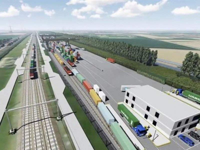 Een artist-impression van de nieuwe terminal die in Gelderland zijn verrijzen. (Foto: Railterminal Gelderland)