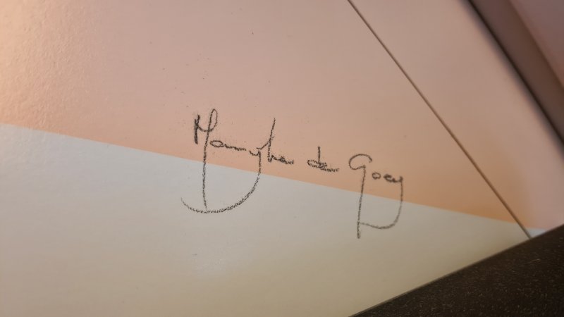 De handtekening van Marijke de Goey op de wand. (Foto: Treinenweb.nl)