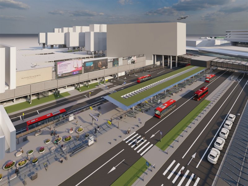 Een designschets van het vernieuwde busplatform op Schiphol.  (Foto: ProRail)