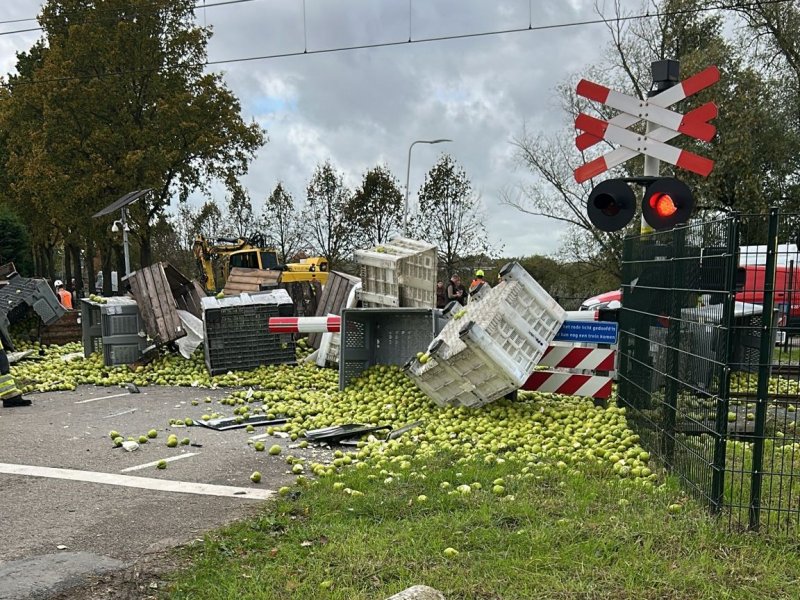 Bij de botsing tussen de trein met de vrachtwagen lagen er duizenden peren verspreid bij de overweg.  (Foto: Amanda Blom)