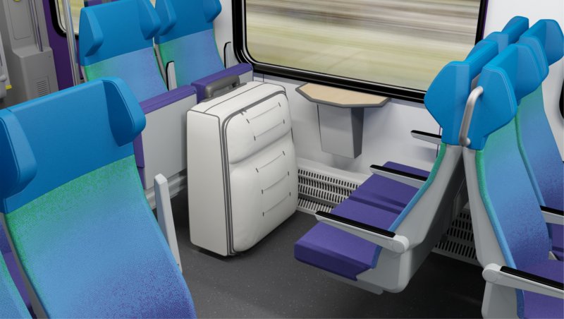 Een voorbeeld van de ingeklapte stoelen, waarbij grote bagage makkelijk een plaats kan krijgen. (Rechten: Stadler / Arriva Nederland)