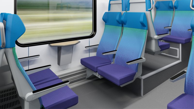 Ook zijn er vierzitsplaatsen met kleinere tafels. Deze zijn vanwege de klapstoelen geschikt voor veel bagage. (Rechten: Stadler / Arriva Nederland)