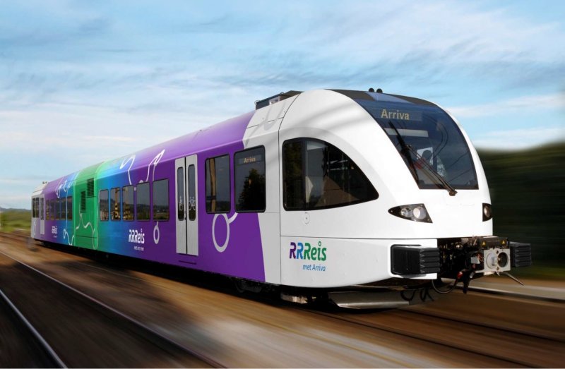 De kleurstelling van de GTW in de RRReis-stijl. Deze kennen we inmiddels wel uit Oost-Nederland. (Rechten: Stadler / Arriva Nederland)