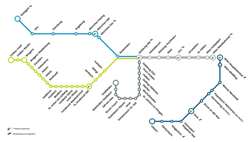 De route van de Westbahn waarvan de donkerblauwe lijn de nieuwe verbinding met de Smile is. (Rechten: Westbahn)