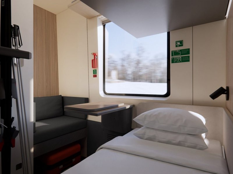Een premium-slaapcoup� met opbergruimte voor ski-uitrusting. (Foto: Trafikverket)